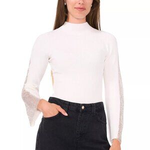 79$ Vince Camuto Mock-Neck Rhinestone Mesh Bell-Sleeve Sweater Size M White